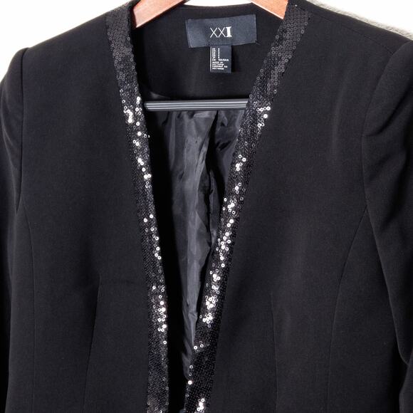 XXI Women’s Blazer Y2K Partycore Night Out Black Sequin Trim Cropped Jacket Sz S - Picture 3 of 12